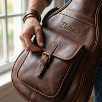 Session leather gig bag angled view showing pull-up leather grain and patina