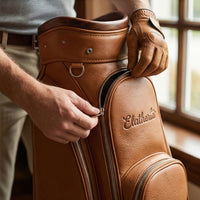 Elatheria Fairway luxury vintage full grain tan leather golf cart bag brass zips