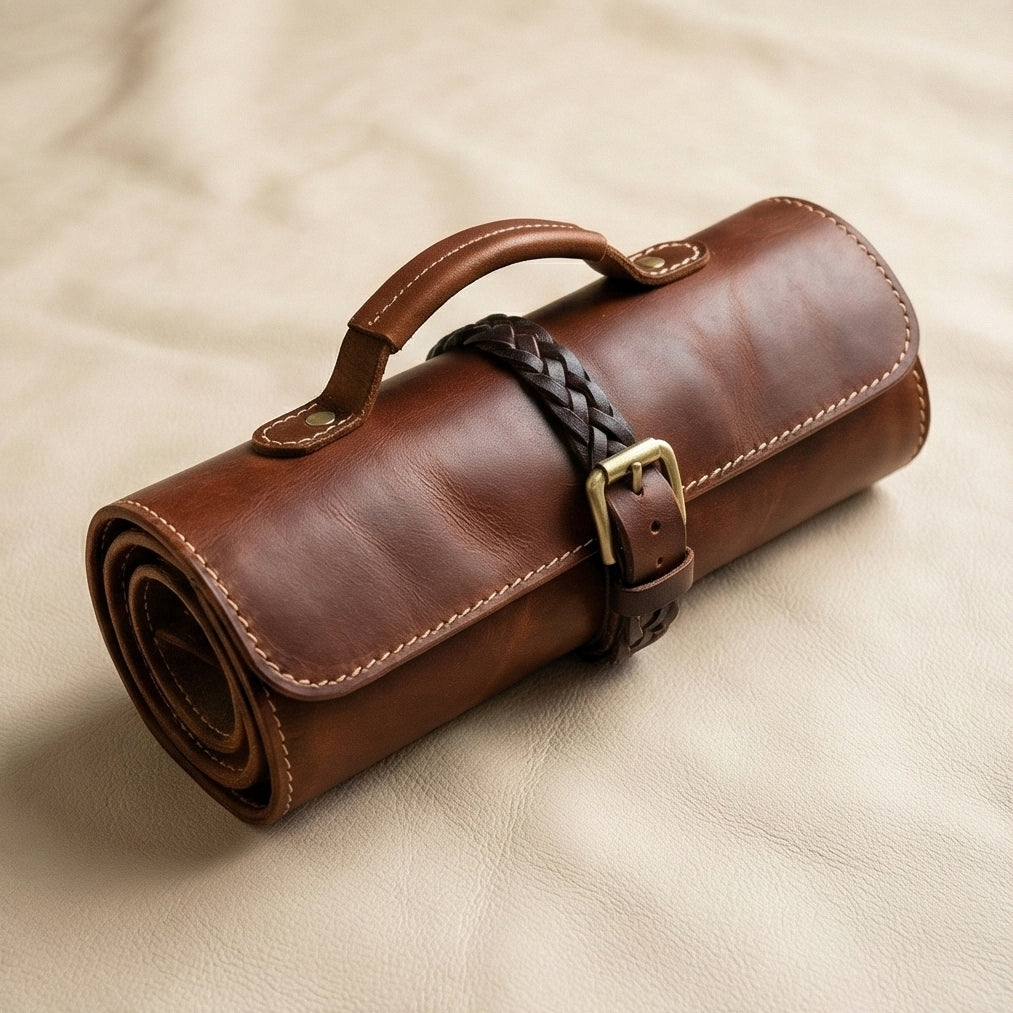The Chef's Companion Leather Knife Roll Open with Knives