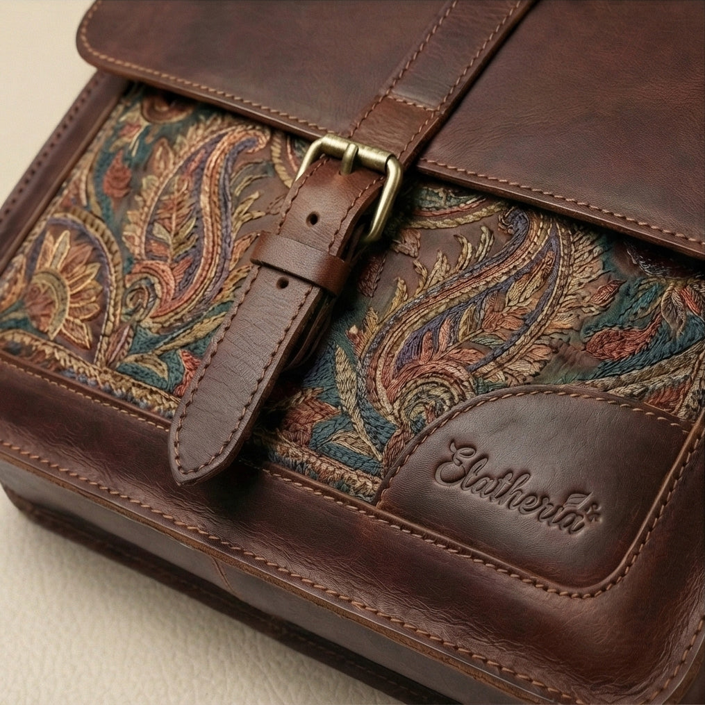 The Artisan Paisley Embroidered Leather Messenger Bag Front View