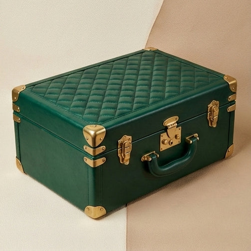 Elatheria Heirloom quilted emerald green leather jewelry trunk brushed brass hardware