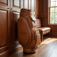 Elatheria Fairway luxury vintage full grain tan leather golf cart bag brass zips