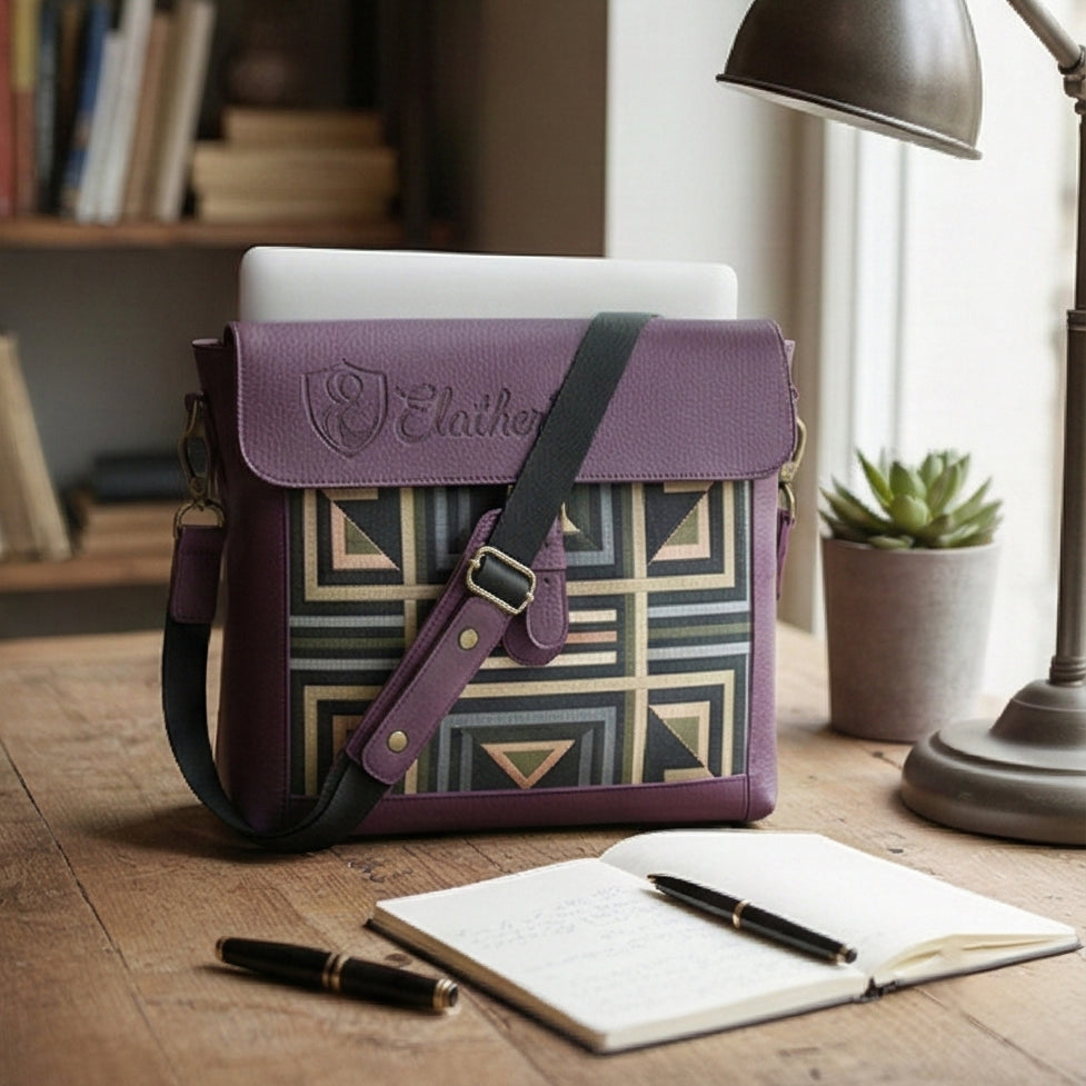 The Mosaic Geometric Leather Satchel in Regal Plum