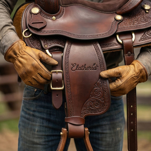 The Mustang Hand Tooled Western Leather Saddle Side View