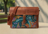 Elatheria Muse abstract art embroidered leather messenger bag fits 14 inch laptop