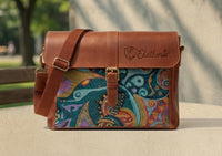 Elatheria Muse abstract art embroidered leather messenger bag fits 14 inch laptop