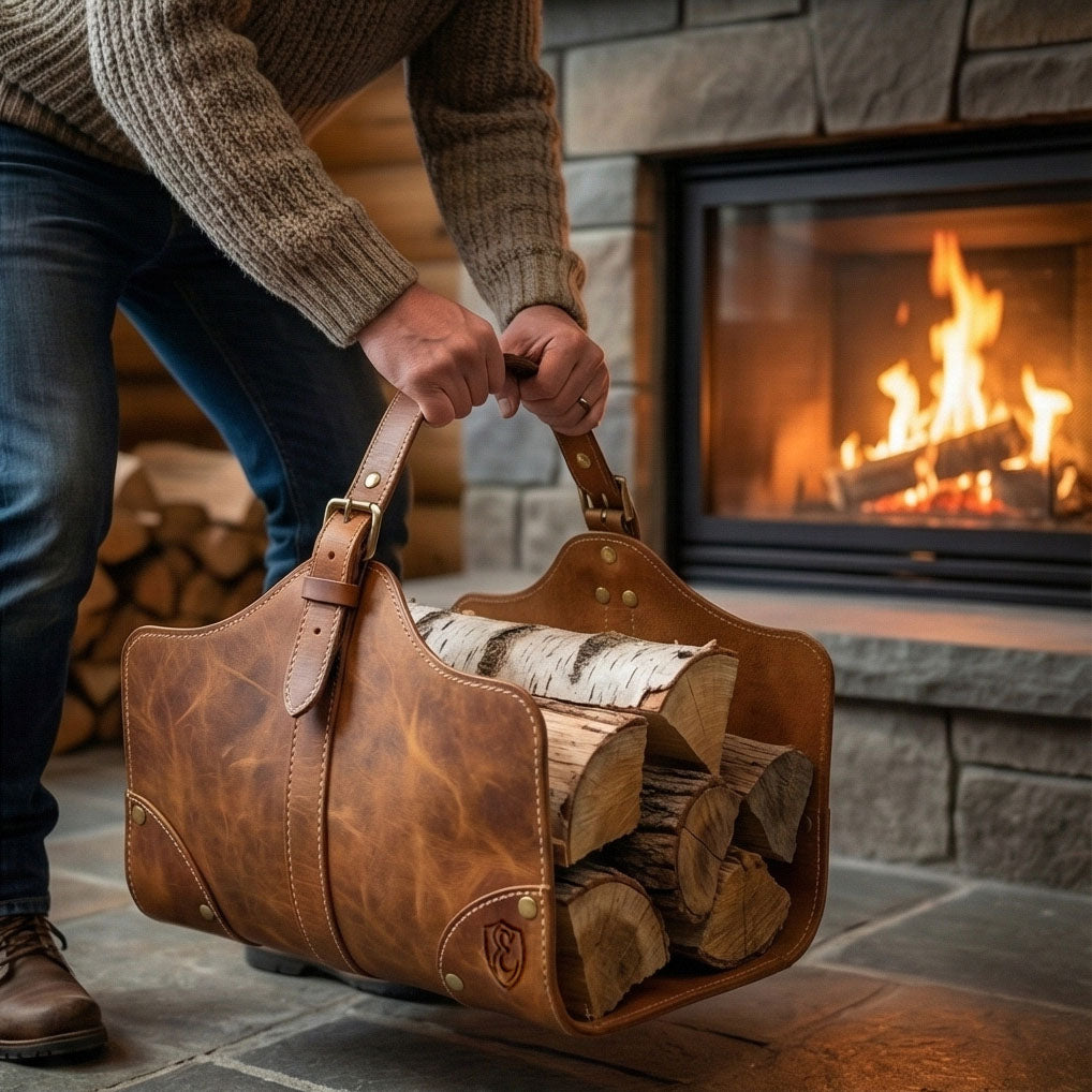 The Hearthside Leather Log Carrier with Firewood