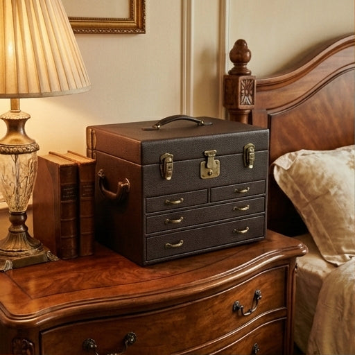 Elatheria Treasure pebbled leather antique jewelry trunk chest velvet lined multi tier
