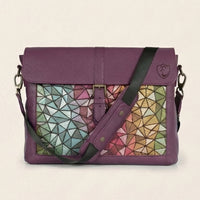 Elatheria Mosaic geometric embroidered full grain leather structured satchel in tan