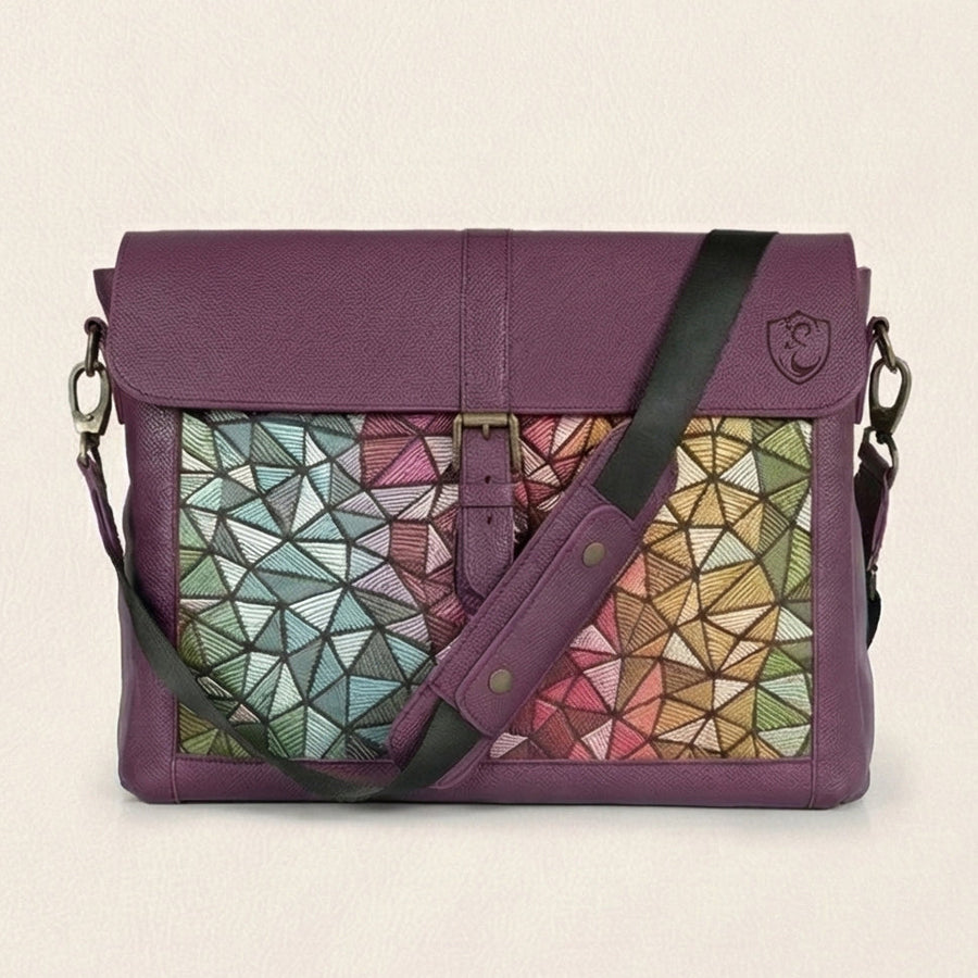 Elatheria Mosaic geometric embroidered full grain leather structured satchel in tan