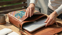 Elatheria Muse abstract art embroidered leather messenger bag fits 14 inch laptop
