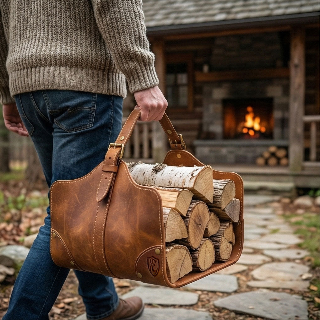 The Hearthside Leather Log Carrier with Firewood
