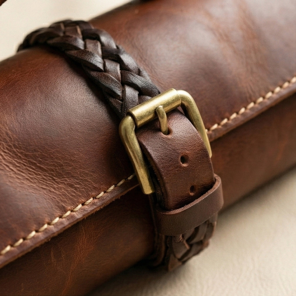 The Chef's Companion Leather Knife Roll Open with Knives