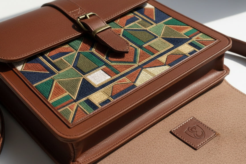 The Mosaic Geometric Leather Satchel in Vintage Brown