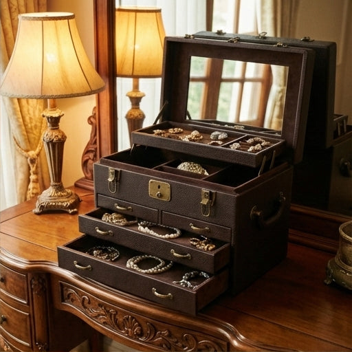 Elatheria Treasure pebbled leather antique jewelry trunk chest velvet lined multi tier