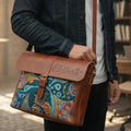 Elatheria Muse abstract art embroidered leather messenger bag fits 14 inch laptop