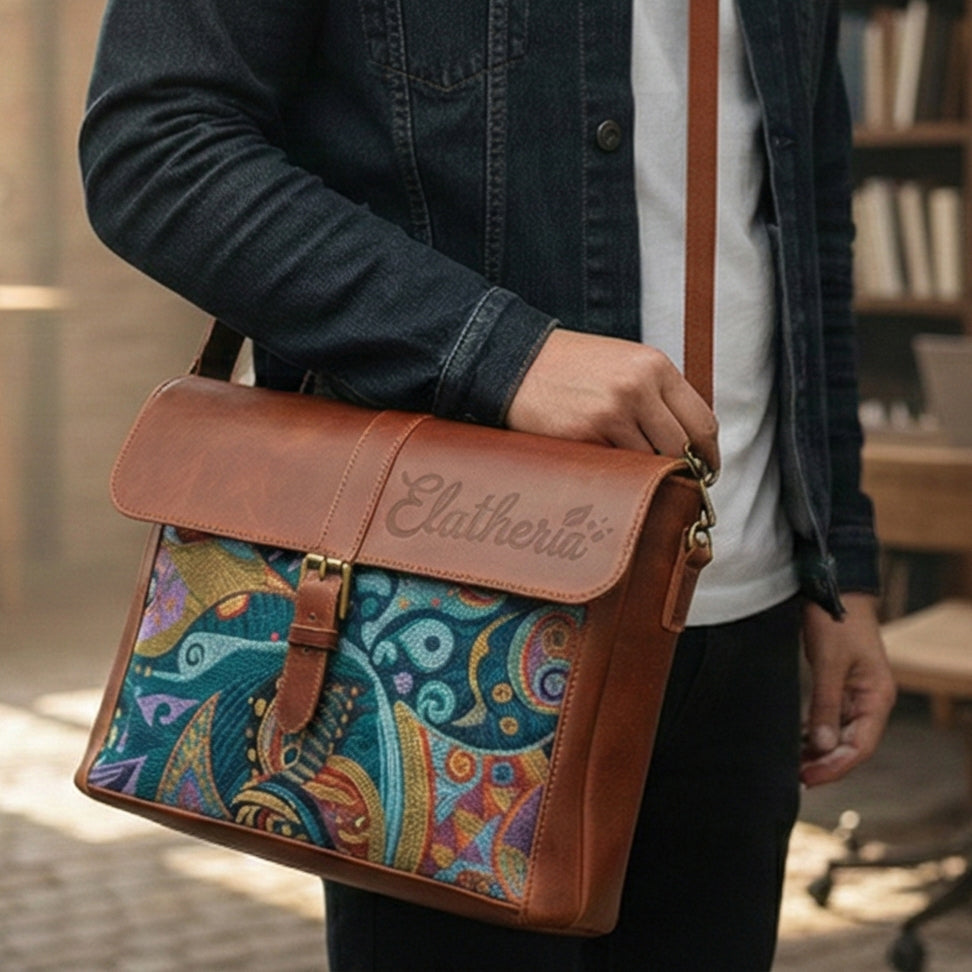 Elatheria Muse abstract art embroidered leather messenger bag fits 14 inch laptop