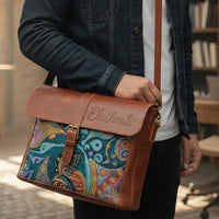 Elatheria Muse abstract art embroidered leather messenger bag fits 14 inch laptop