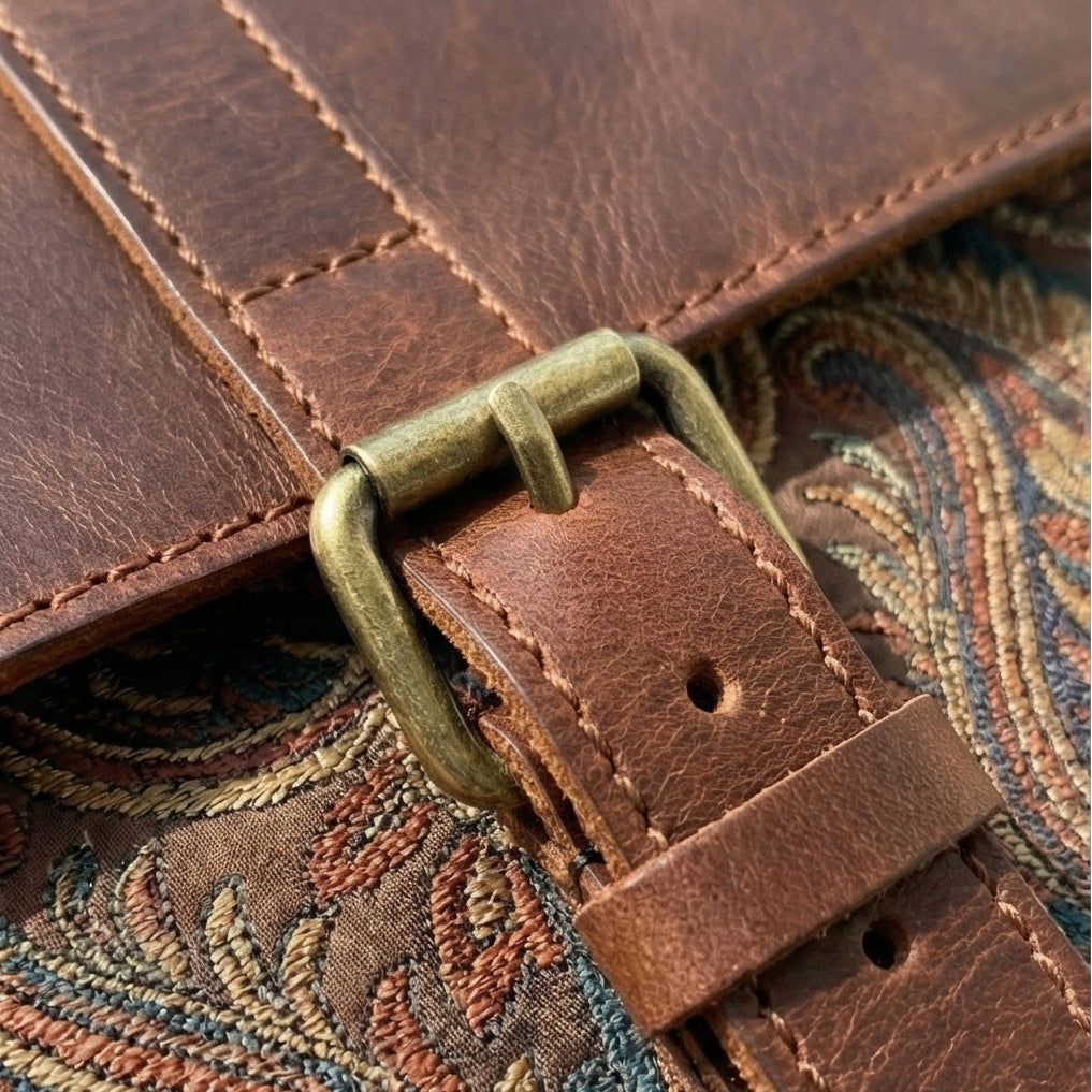 The Artisan Paisley Embroidered Leather Messenger Bag Front View