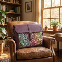 Elatheria Mosaic geometric embroidered full grain leather structured satchel in tan