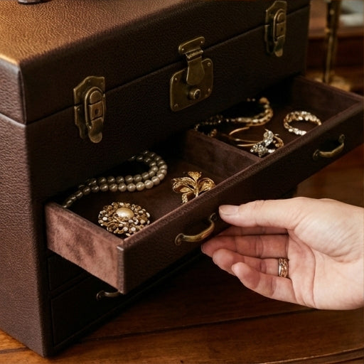 The Treasure | Pebbled Leather Antique Jewelry Trunk & Chest