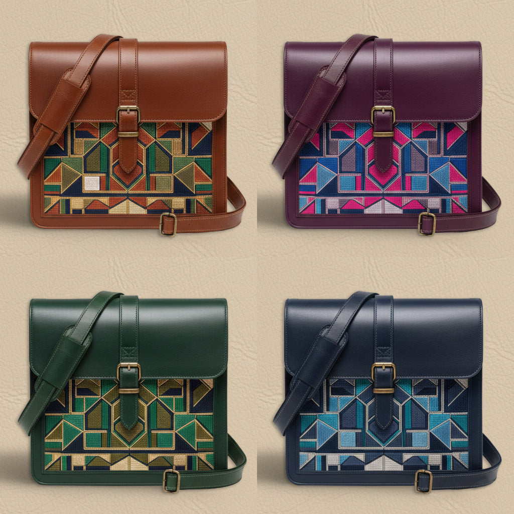 Four geometric-patterned bags in different colors on a beige background