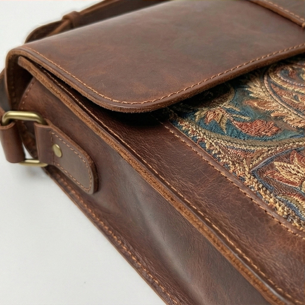 The Artisan Paisley Embroidered Leather Messenger Bag Front View
