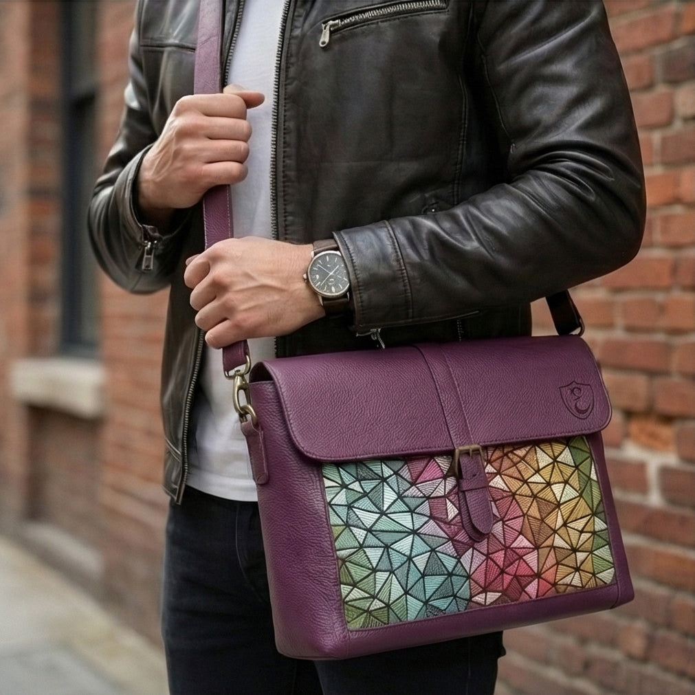 The Mosaic Geometric Leather Satchel in Tan