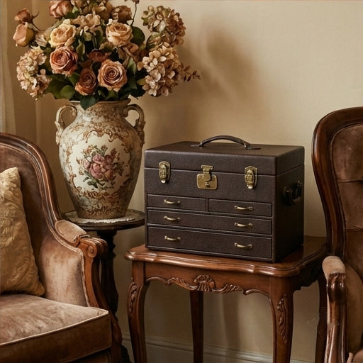 The Treasure | Pebbled Leather Antique Jewelry Trunk & Chest