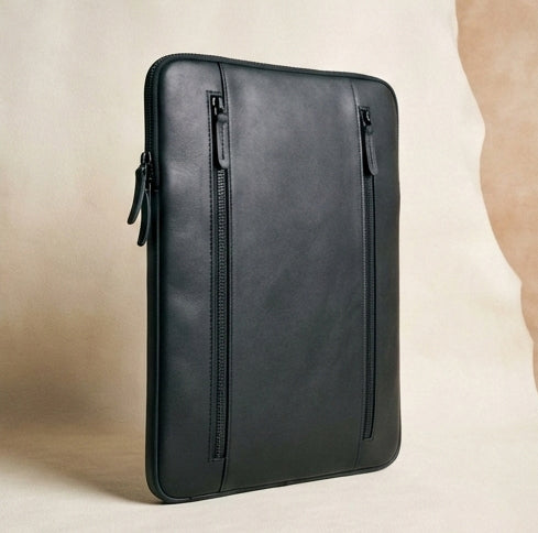 Elatheria Minimalist premium matte black leather laptop portfolio sleeve case