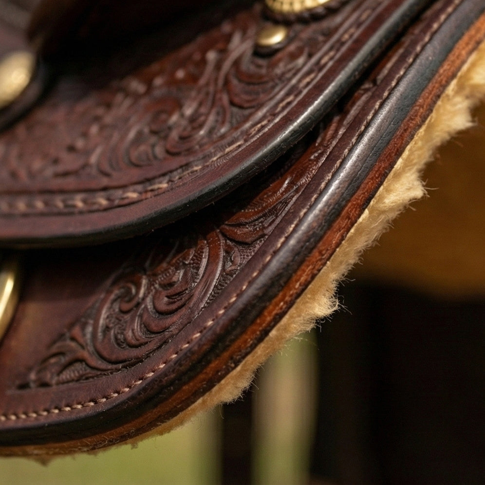 The Mustang Hand Tooled Western Leather Saddle Side View