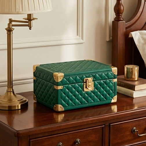 Elatheria Heirloom quilted emerald green leather jewelry trunk brushed brass hardware