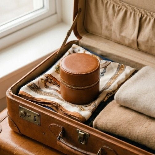 Elatheria Heirloom cylindrical tan leather travel jewelry case brass zipper ring roll