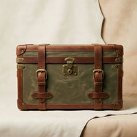Elatheria Voyager vintage waxed canvas leather storage trunk closed view