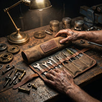 Close-up of a mechanic's hands unrolling the Elatheria leather tool roll on a rustic wooden workbench scattered with vintage gears and bolts.