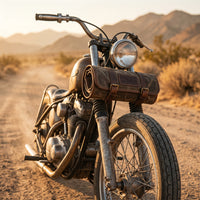 Elatheria Heritage Brown waxed canvas and leather motorcycle tool roll, buckle detail close-up