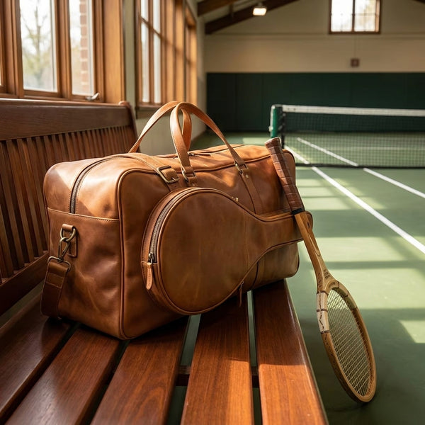 The Match Point leather tennis duffle bag near a tennis court setting