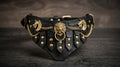 The Regal buffalo leather dog collar with gold lion emblem, Elatheria