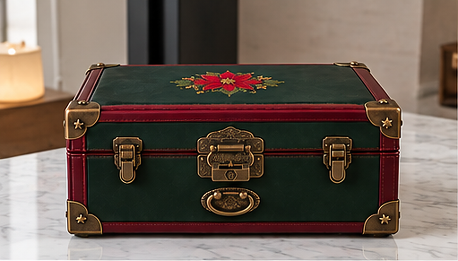 The Heirloom Christmas keepsake box in forest green leather with burgundy trim and antique brass latches