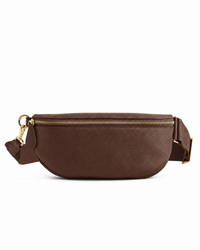 Coffee Brown Elatheria leather sling bag with gold-tone zipper and hardware, front view.