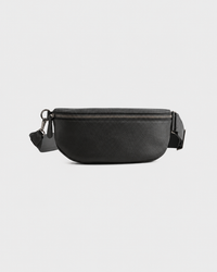 Black Elatheria leather sling bag with gunmetal-tone zipper, front view.