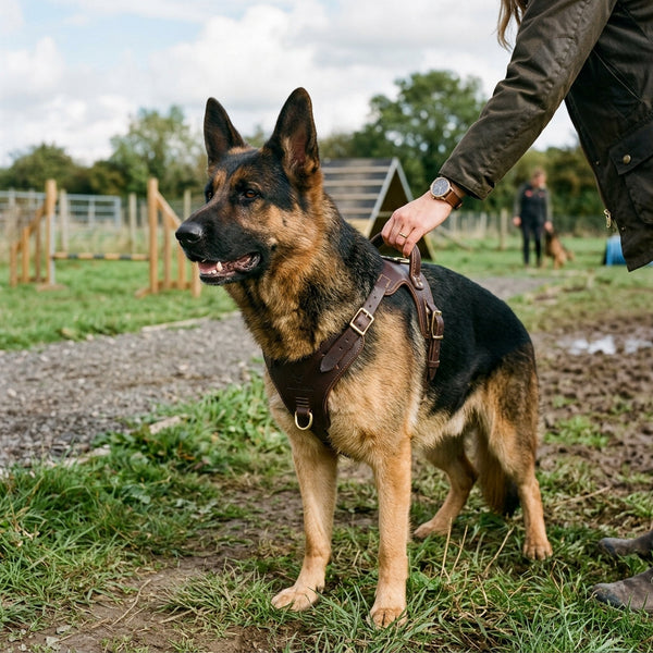 Dog wearing The Patrol leather working harness, side profile