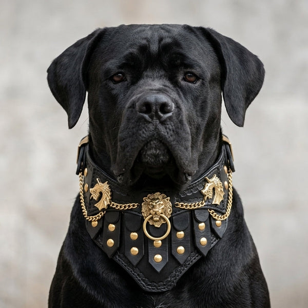 Dog wearing The Regal buffalo leather collar, front view showing lion emblem
