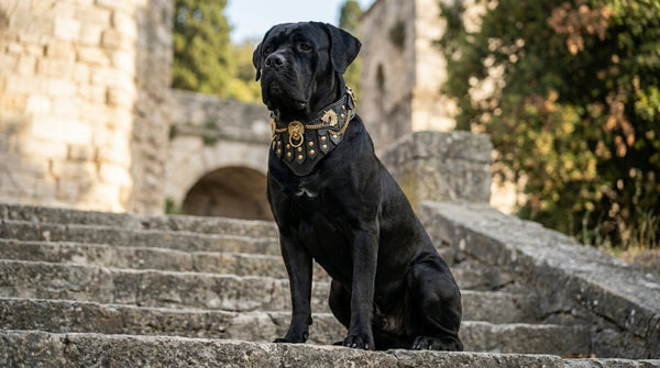 Powerful dog breed wearing The Regal leather collar, lifestyle shot