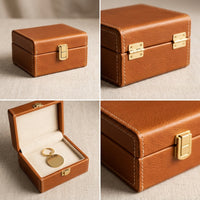 The Keepsake leather box four angle view showing closed box, hinges, open interior with brass pet tag, and clasp detail