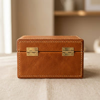 Rear view of The Keepsake leather memory box showing brass hinges