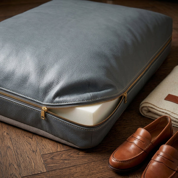 The Haven grey leather dog bed editorial detail shot with loafers and folded throw