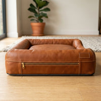 Elatheria Refuge leather pet sofa bed with raised bolster sides