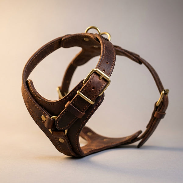 Close-up of brass buckle and D-ring hardware on The Companion Walk leather dog harness