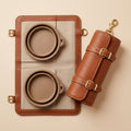 The Voyager leather feeding case rolled and unrolled side by side showing brass clip and bowls